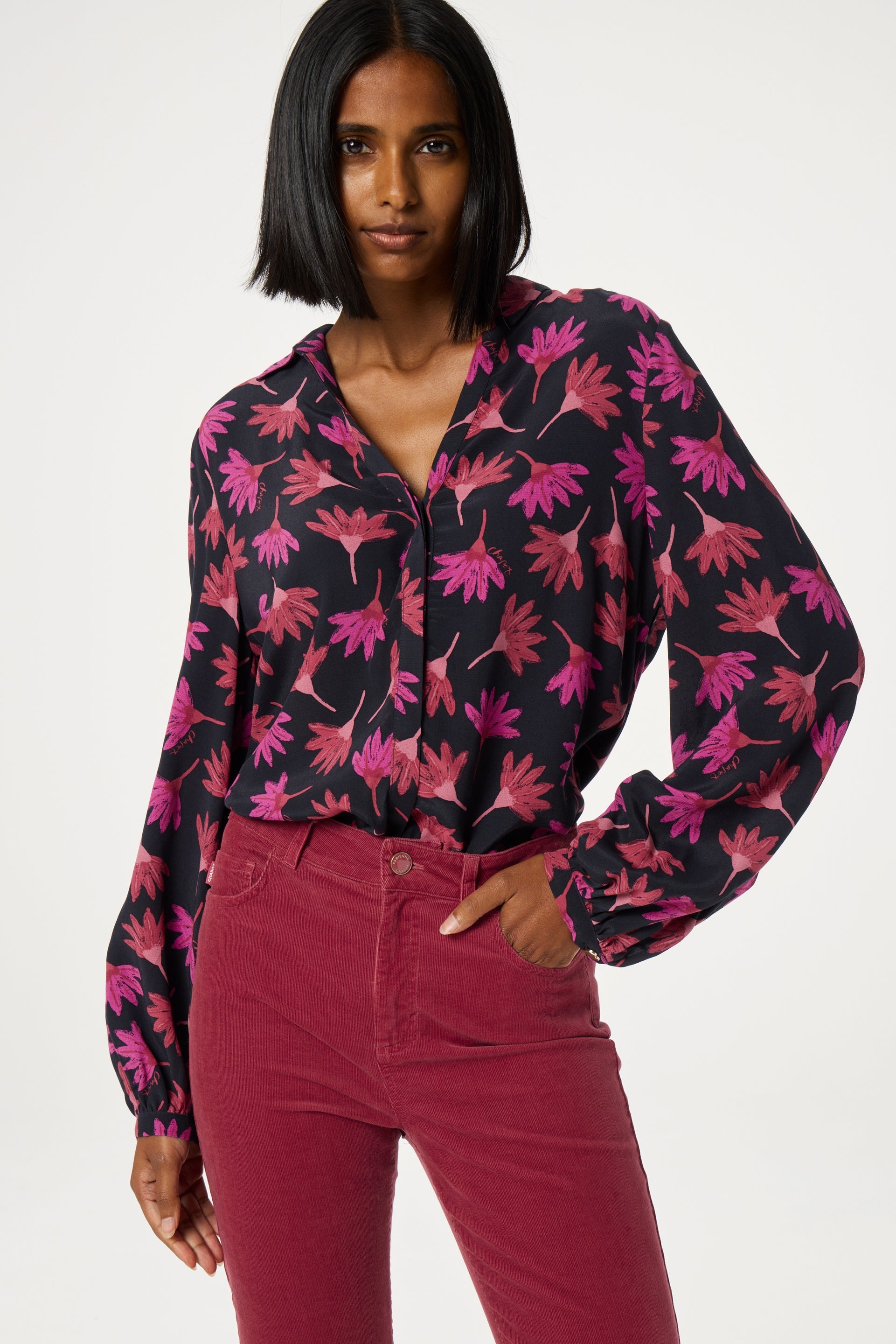 Liv Blouse | Black/Cerise Red