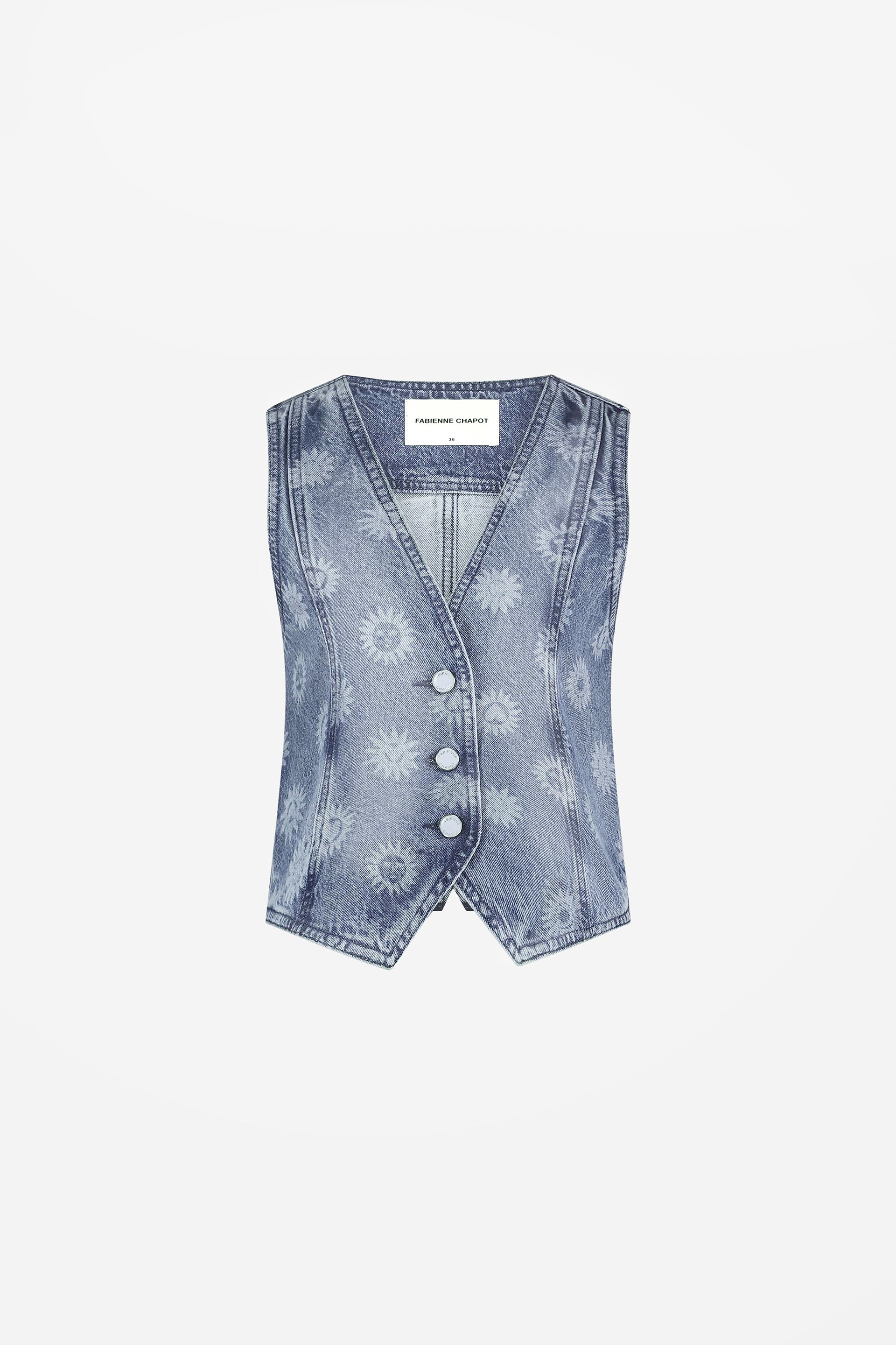 Gigi Denim Gilet | Mid Blue Printed