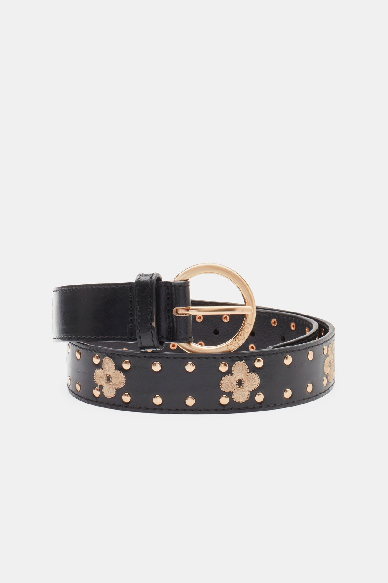 Flower Studded Belt | Black/Camel