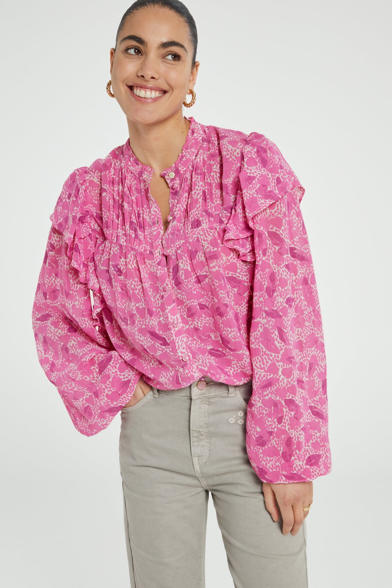 Bibi Long Sleeve Blouse | Bubble Gum Pink/Crea