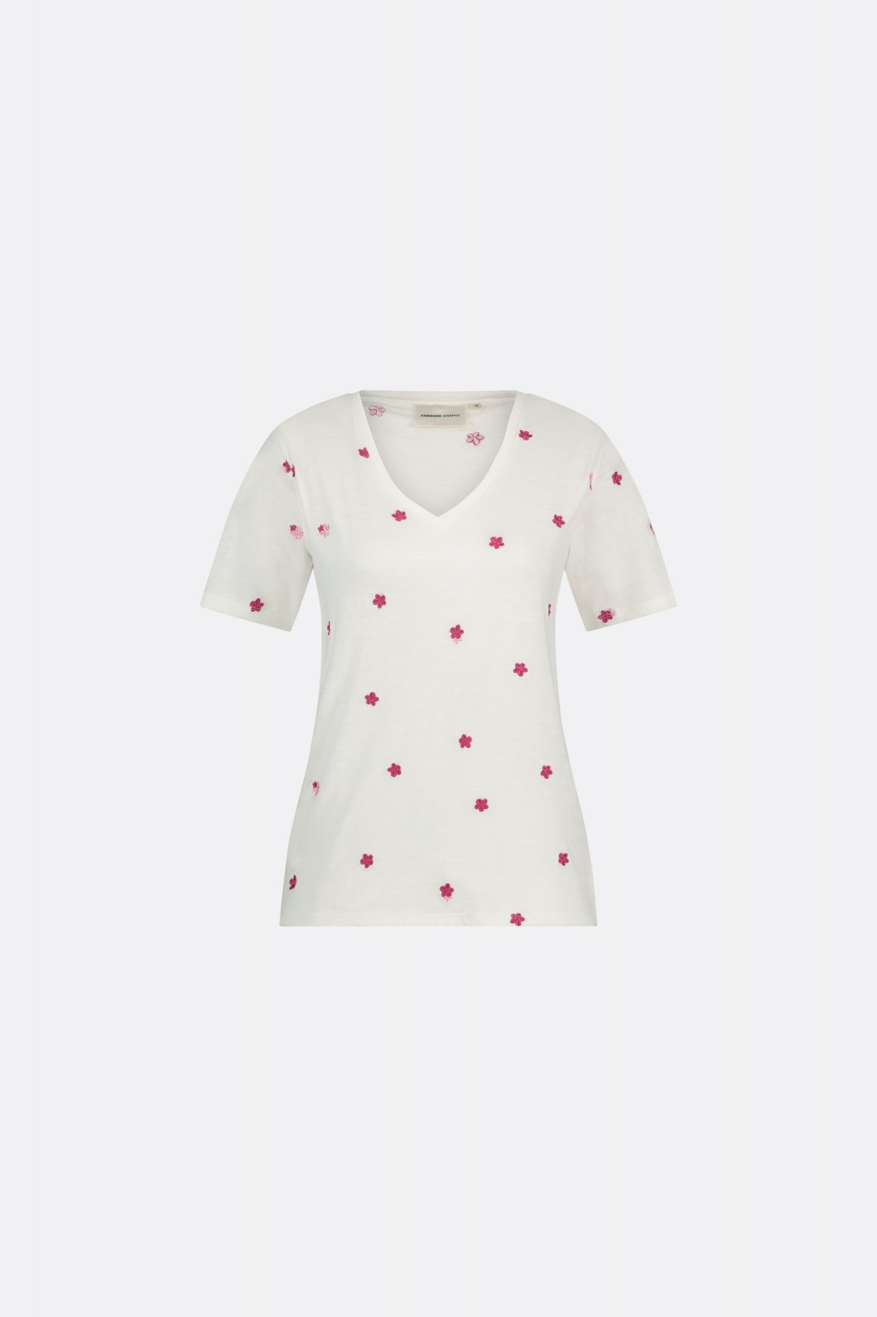 Phill V-neck Pink Flower T-shirt | Cream White/Pink