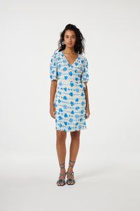 Cleo Wrap Dress | Warm White/Blue Wave