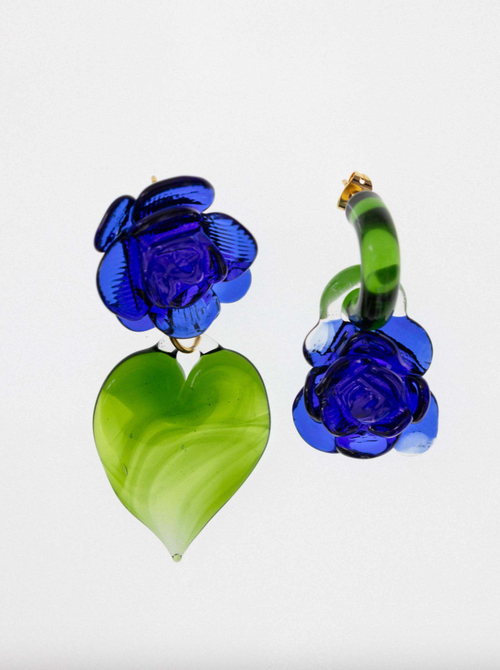Rose & Heart Earrings | Cobalt/Greenery